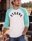 Saddle Baseball Tee in Tahiti Blue/Heather White — male model, front view