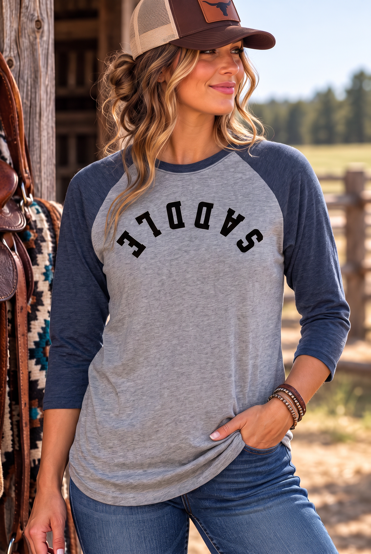 Saddle Baseball Tee in Vintage Navy/Premium Heather — female model, front view