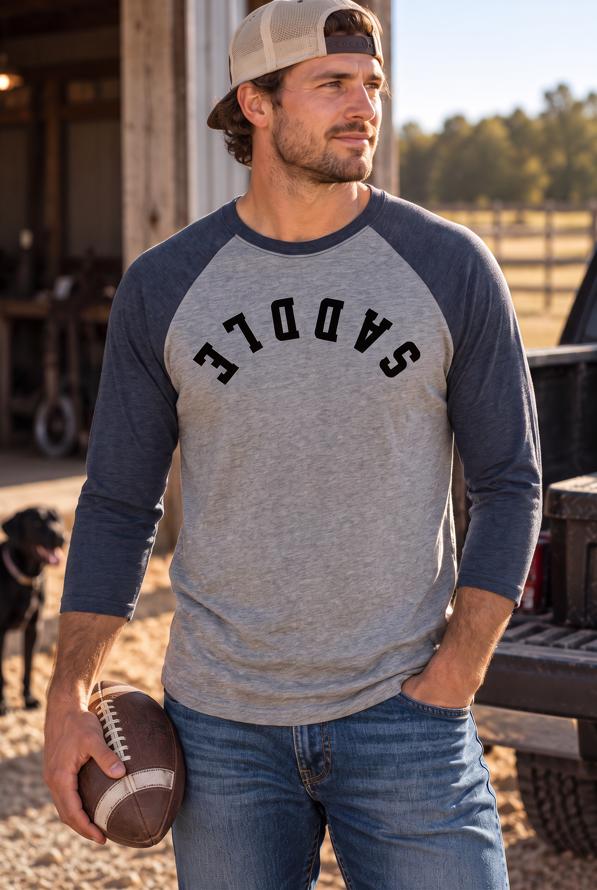 Saddle Baseball Tee in Vintage Navy/Premium Heather — male model, front view