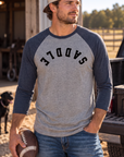 Saddle Baseball Tee in Vintage Navy/Premium Heather — male model, front view