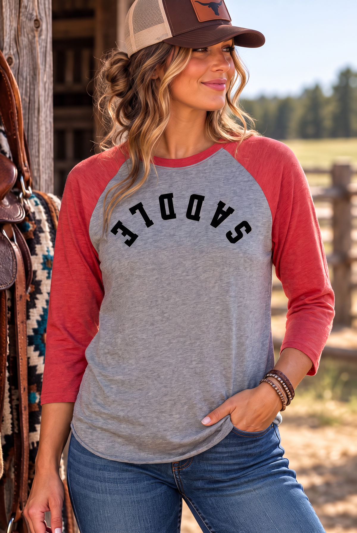 Saddle Baseball Tee in Vintage Red/Premium Heather — female model, front view