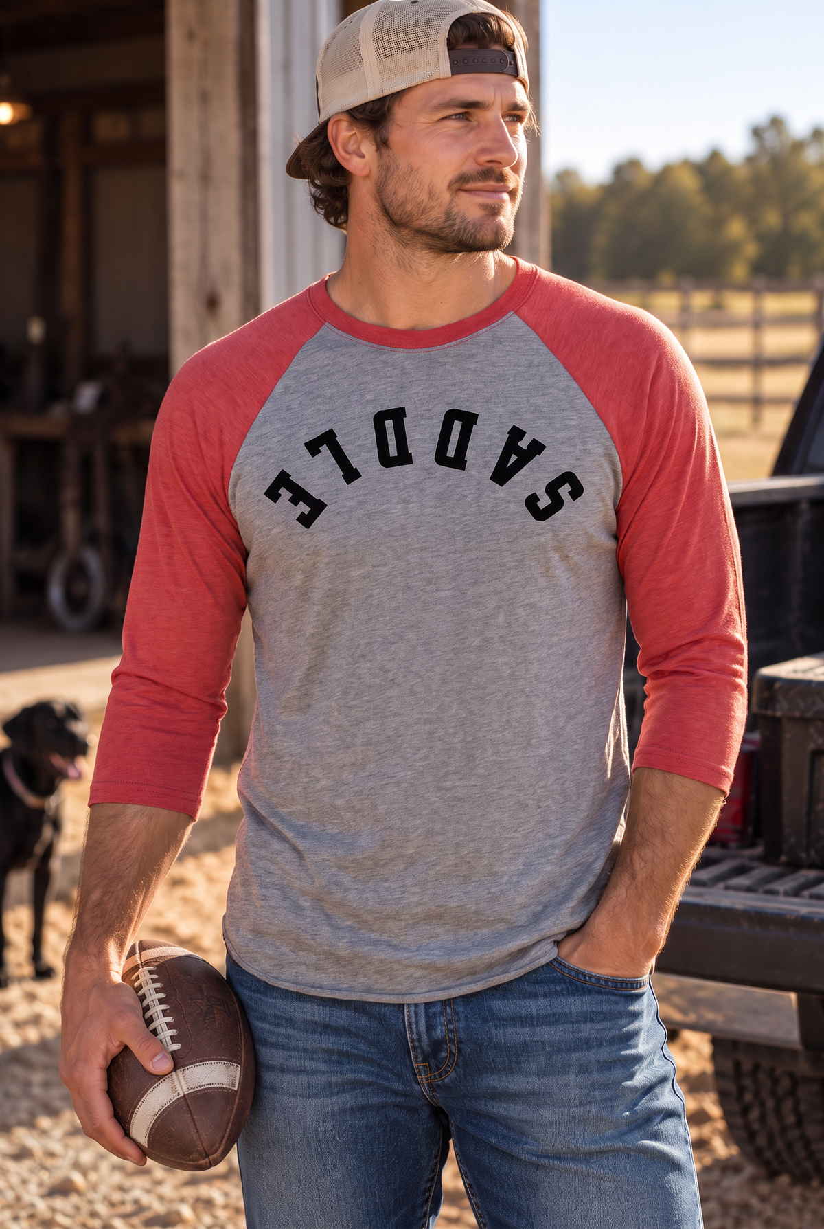 Saddle Baseball Tee in Vintage Red/Premium Heather — male model, front view