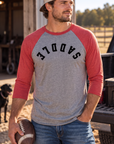 Saddle Baseball Tee in Vintage Red/Premium Heather — male model, front view