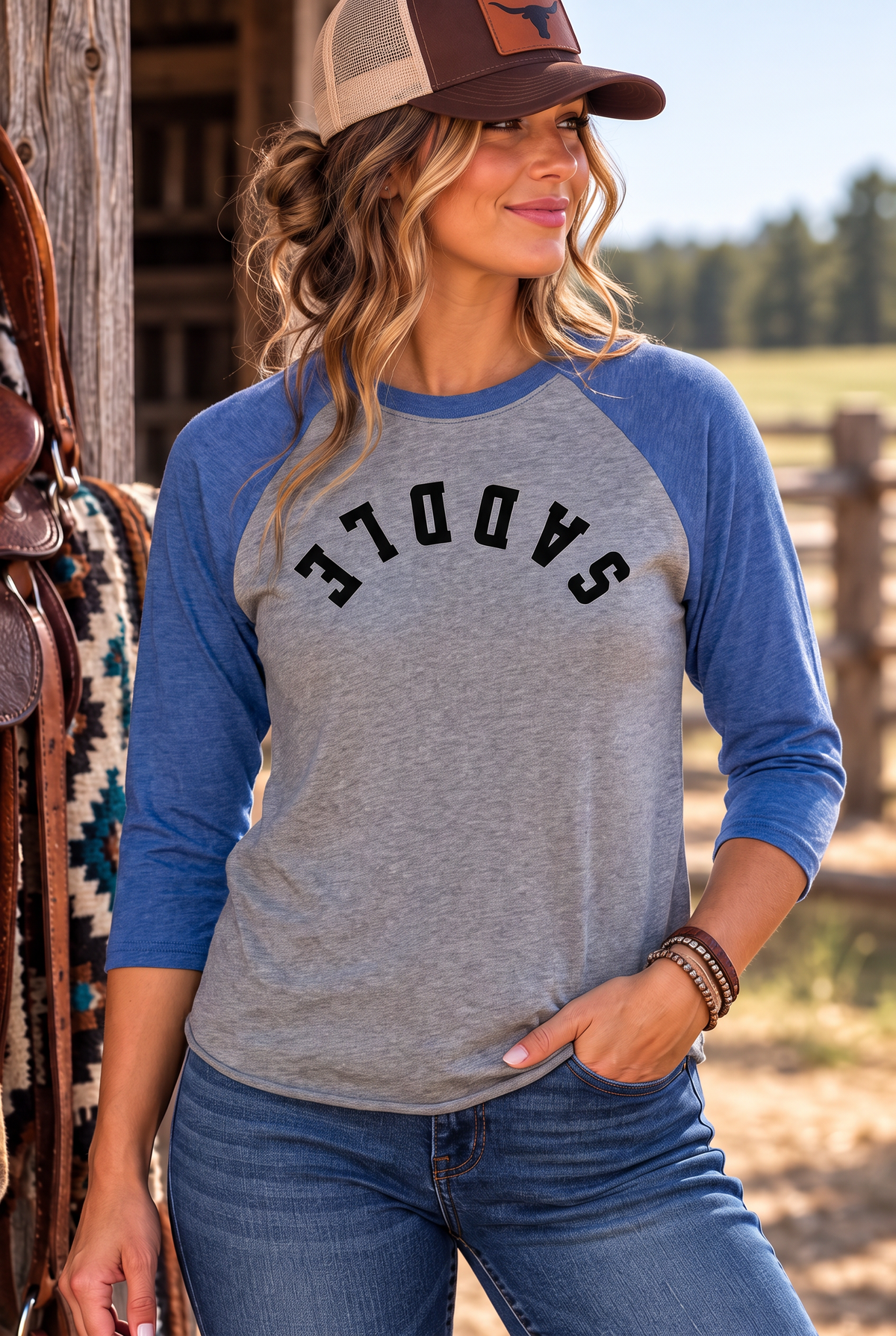 Saddle Baseball Tee in Vintage Royal/Premium Heather — female model, front view