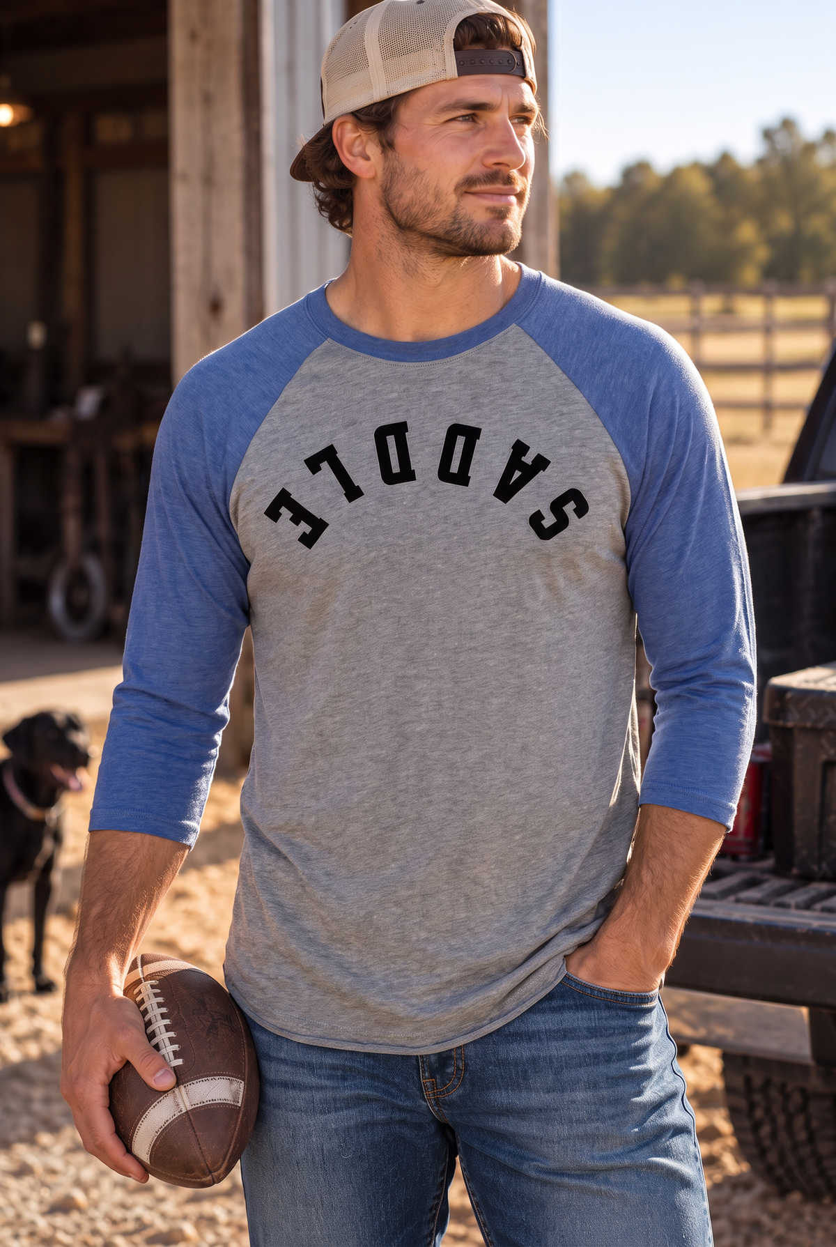 Saddle Baseball Tee in Vintage Royal/Premium Heather — male model, front view