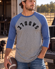 Saddle Baseball Tee in Vintage Royal/Premium Heather — male model, front view