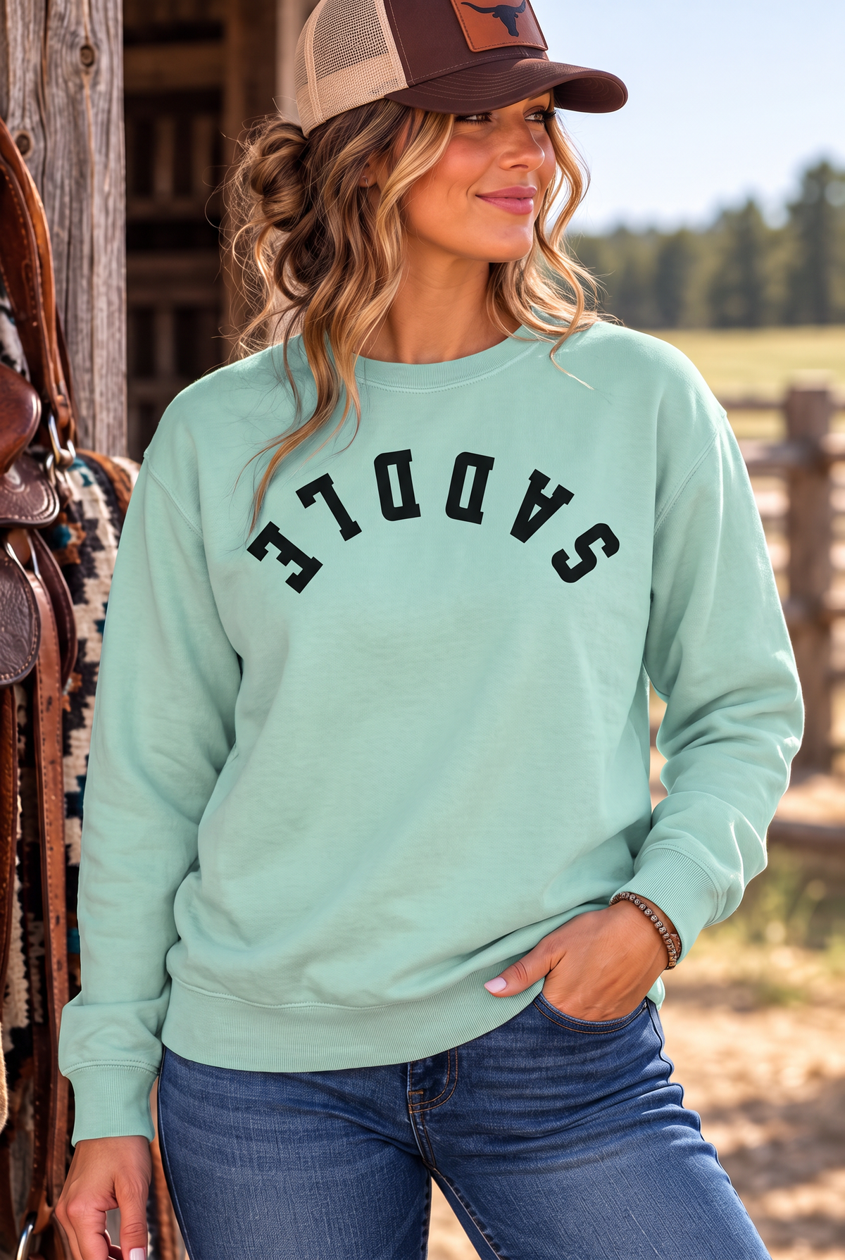 Saddle Crew in Chalky Mint — female model, front view