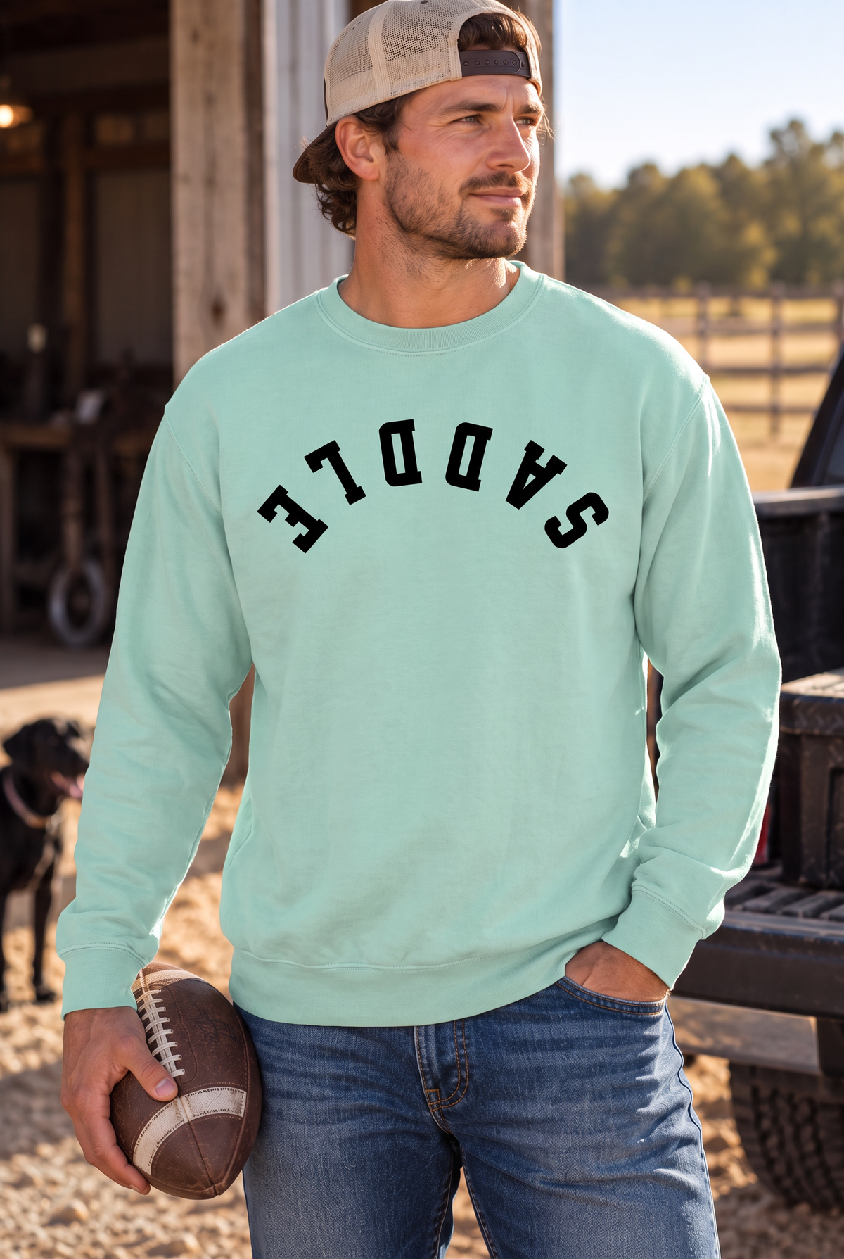 Saddle Crew in Chalky Mint — male model, front view