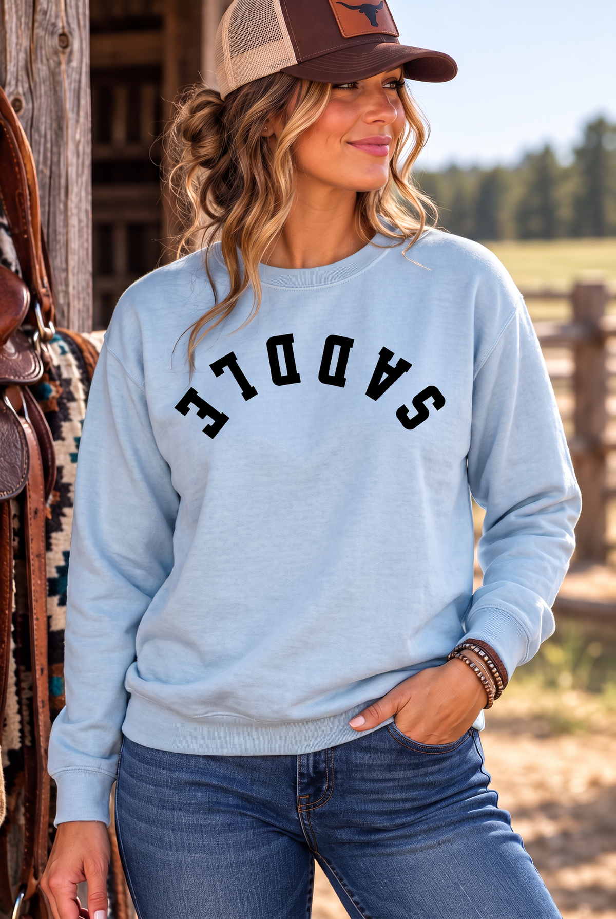 Saddle Crew in Chambray — female model, front view