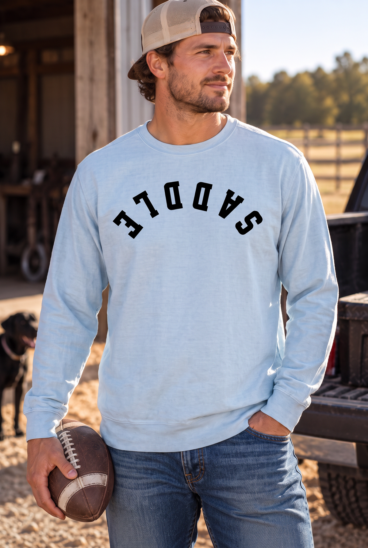 Saddle Crew in Chambray — male model, front view