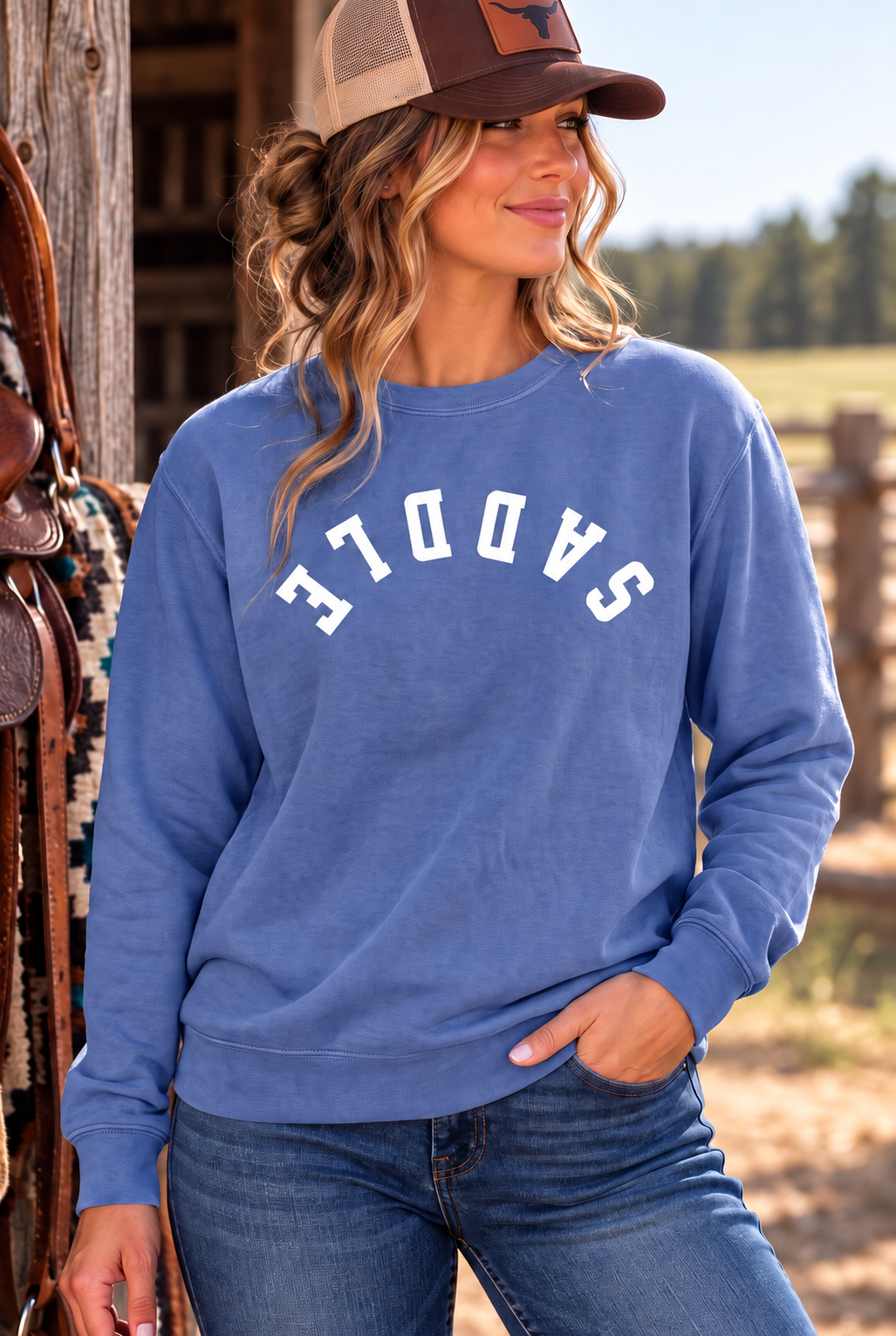 Saddle Crew in Flo Blue — female model, front view