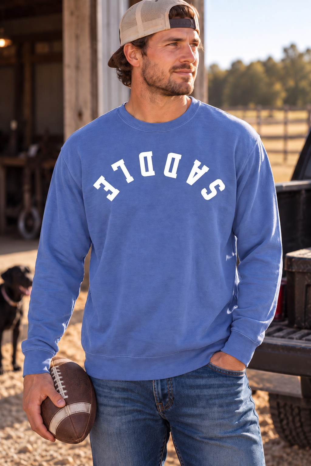 Saddle Crew in Flo Blue — male model, front view