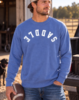 Saddle Crew in Flo Blue — male model, front view