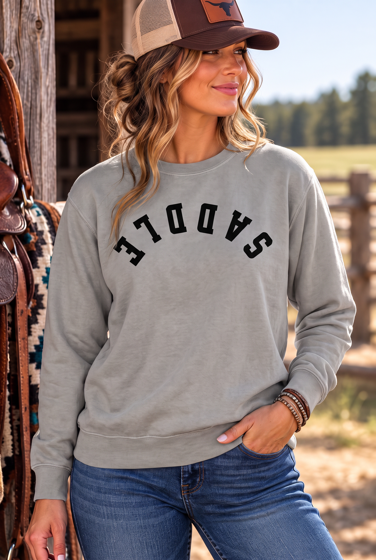 Saddle Crew in Grey — female model, front view