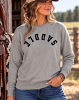 Saddle Crew in Grey — female model, front view