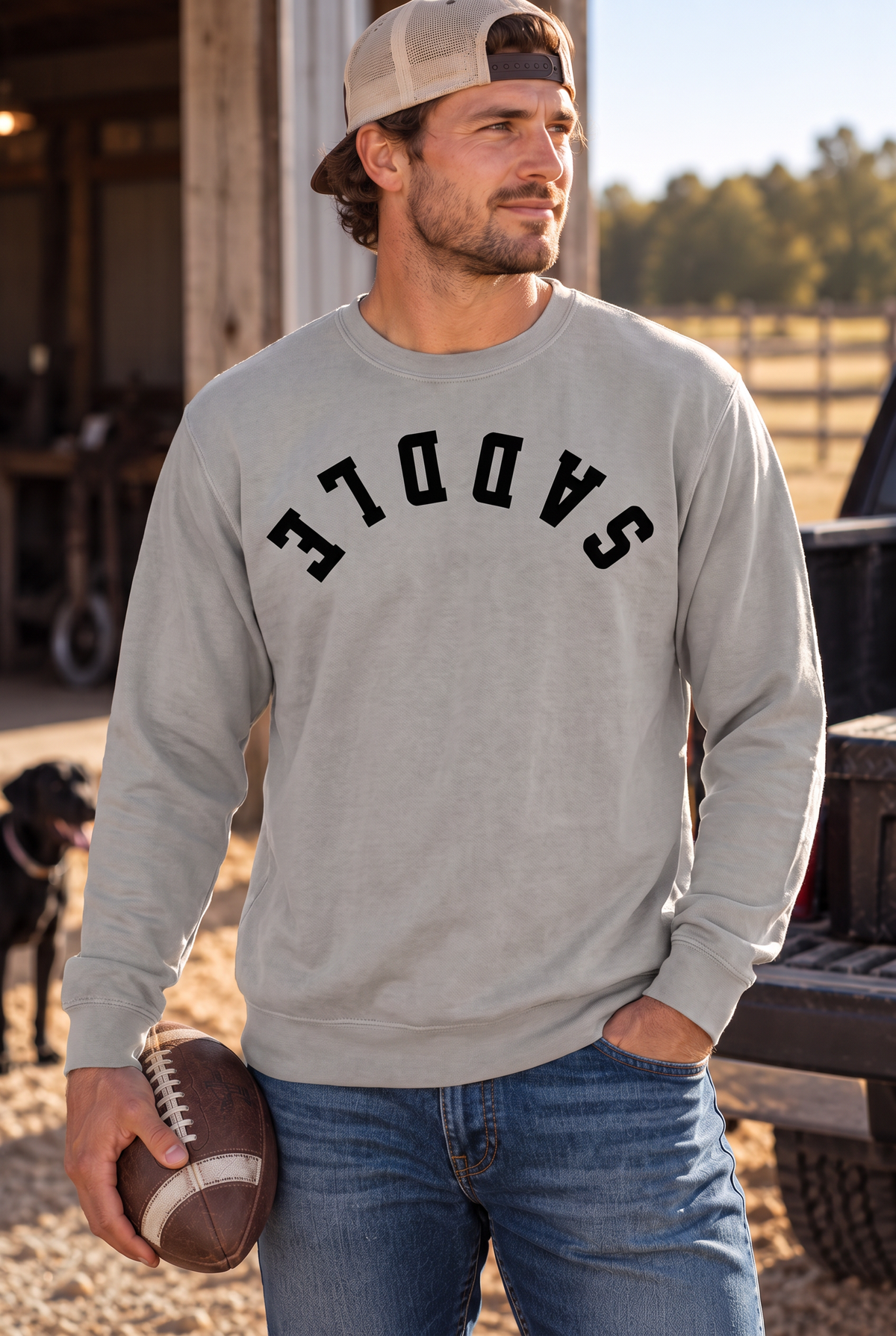 Saddle Crew in Grey — male model, front view