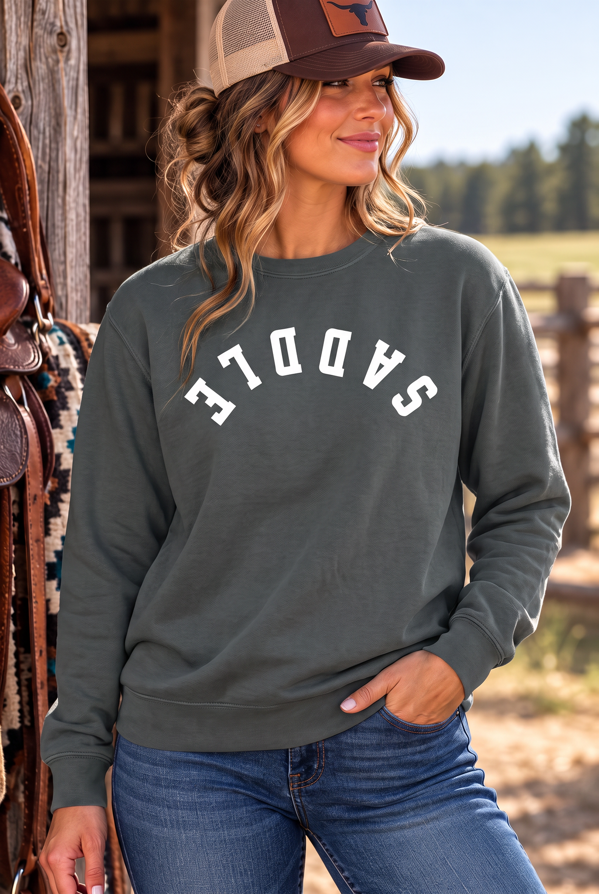 Saddle Crew in Pepper — female model, front view