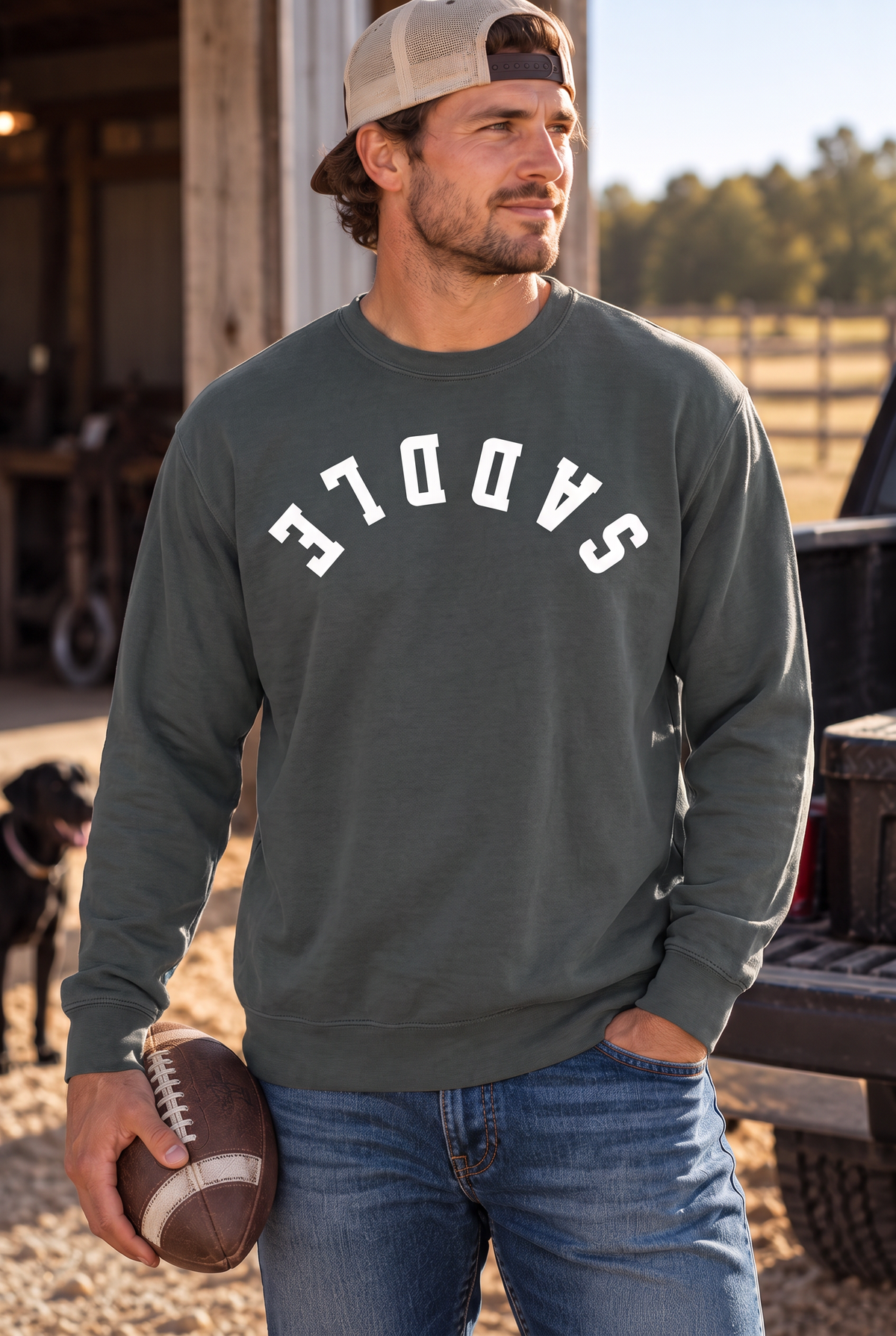 Saddle Crew in Pepper — male model, front view