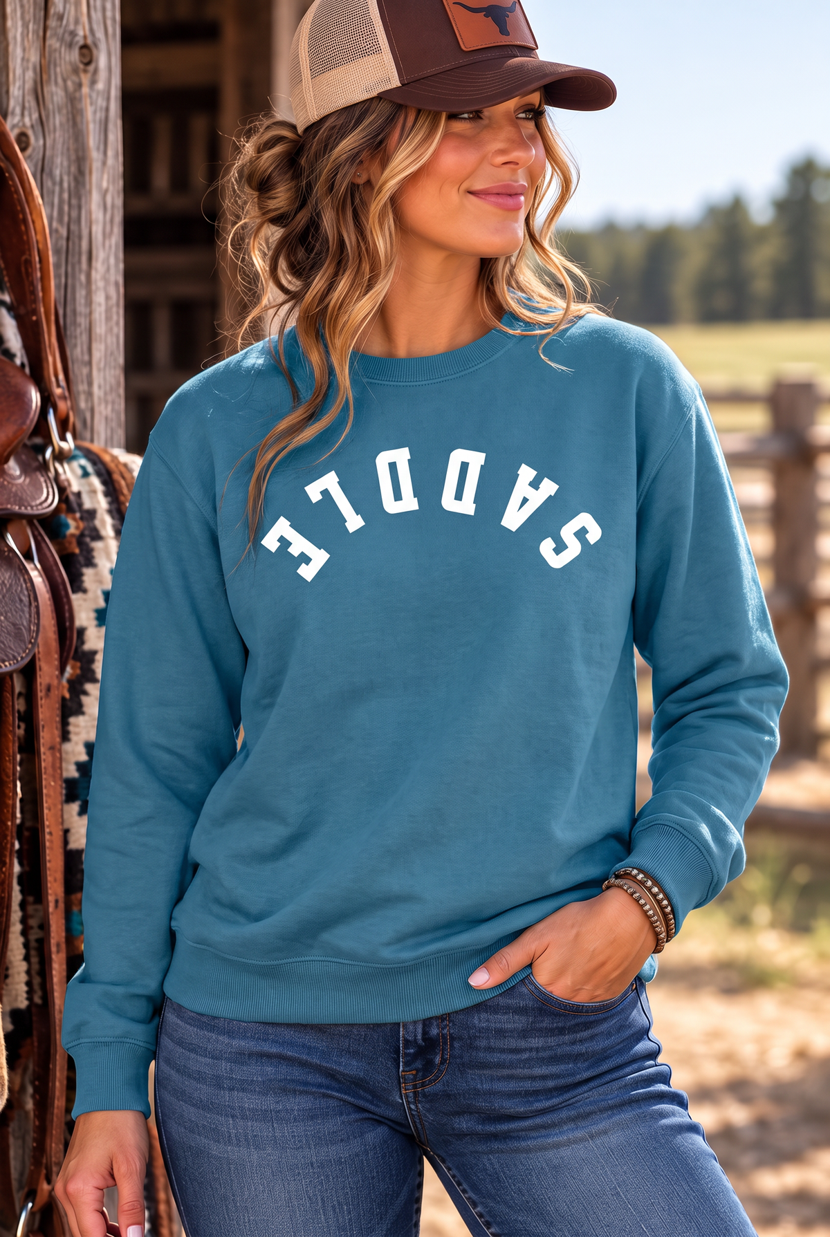 Saddle Crew in Topaz Blue — female model, front view