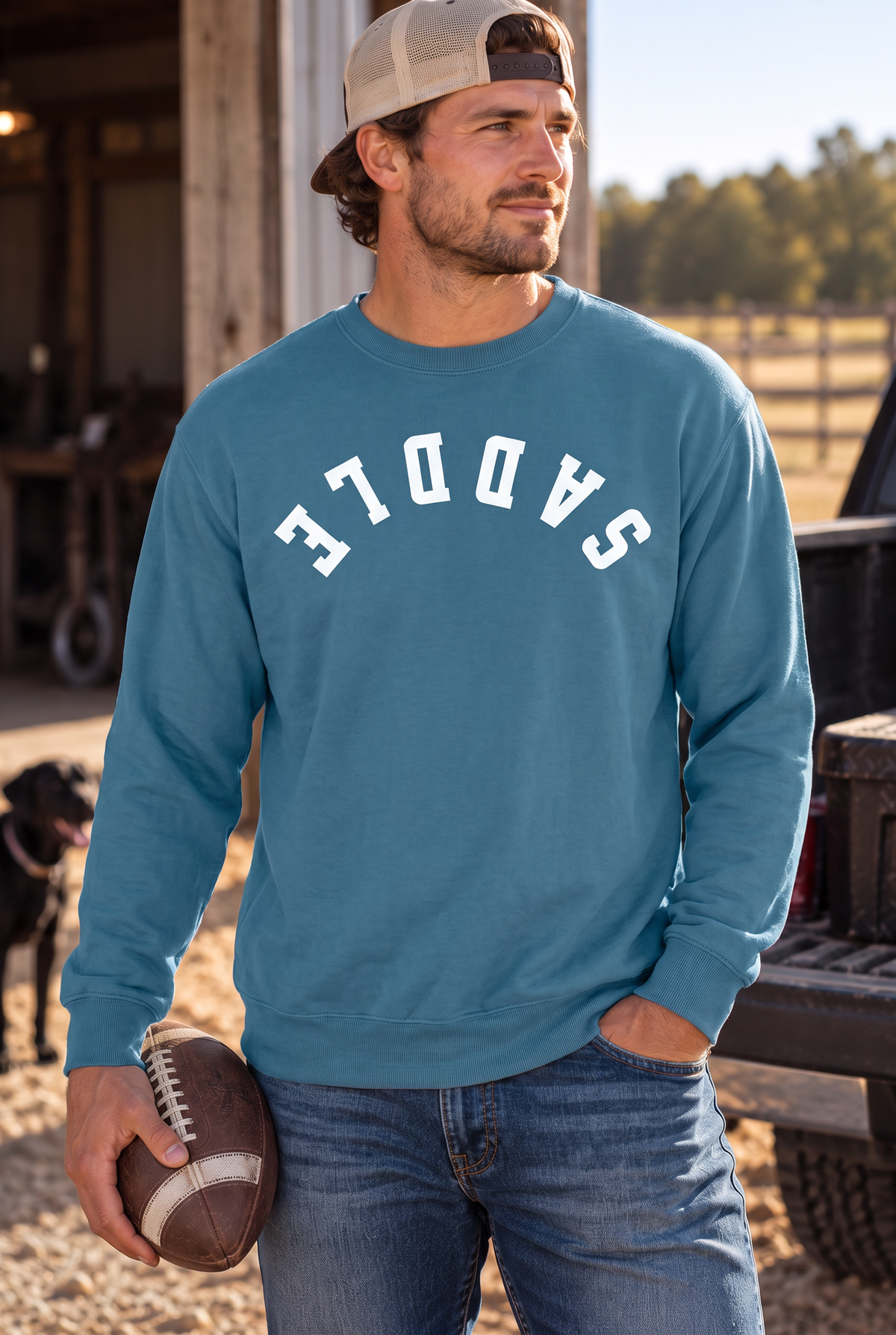 Saddle Crew in Topaz Blue — male model, front view