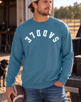 Saddle Crew in Topaz Blue — male model, front view