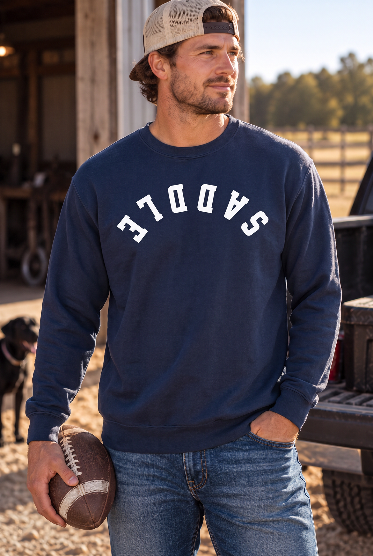 Saddle Crew in True Navy — male model, front view