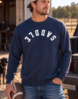 Saddle Crew in True Navy — male model, front view