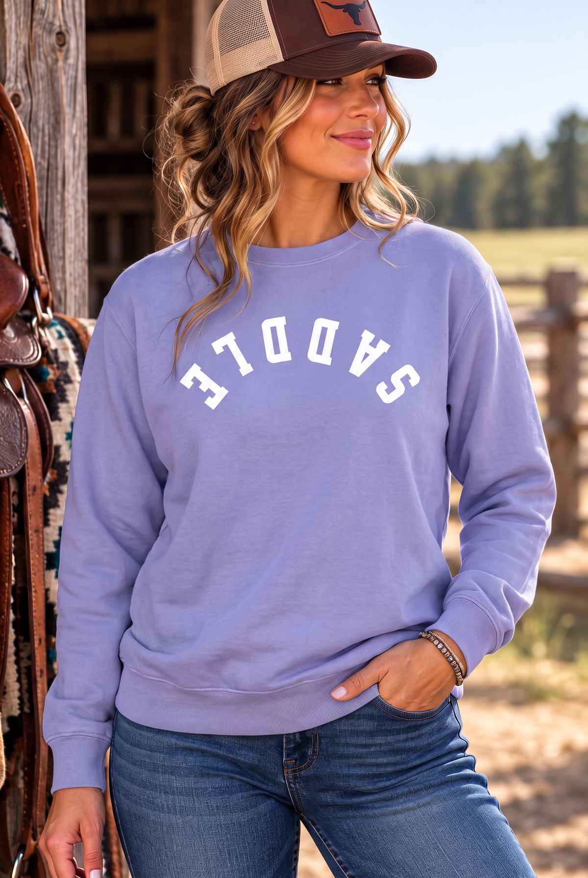 Saddle Crew in Violet — female model, front view