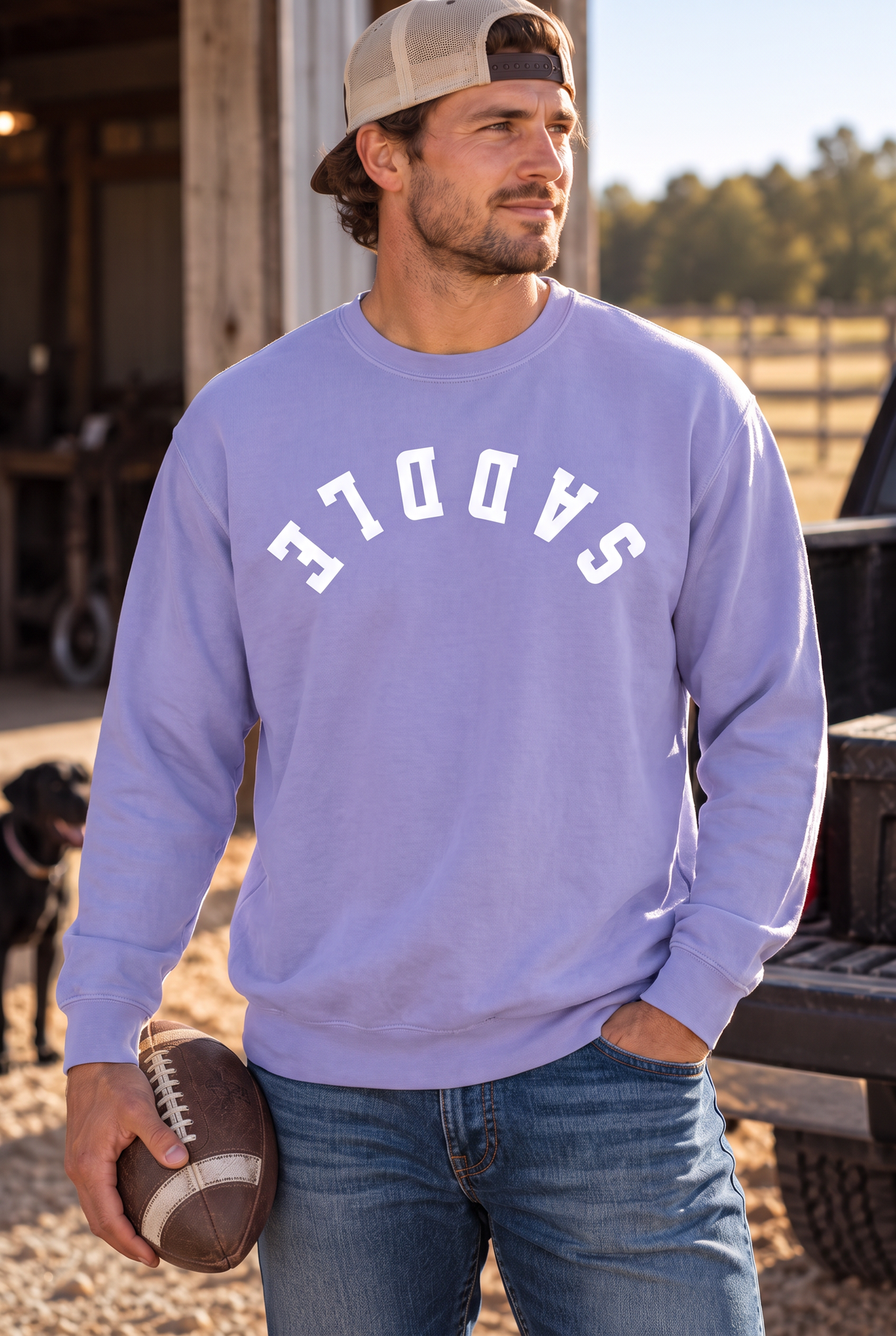 Saddle Crew in Violet — male model, front view