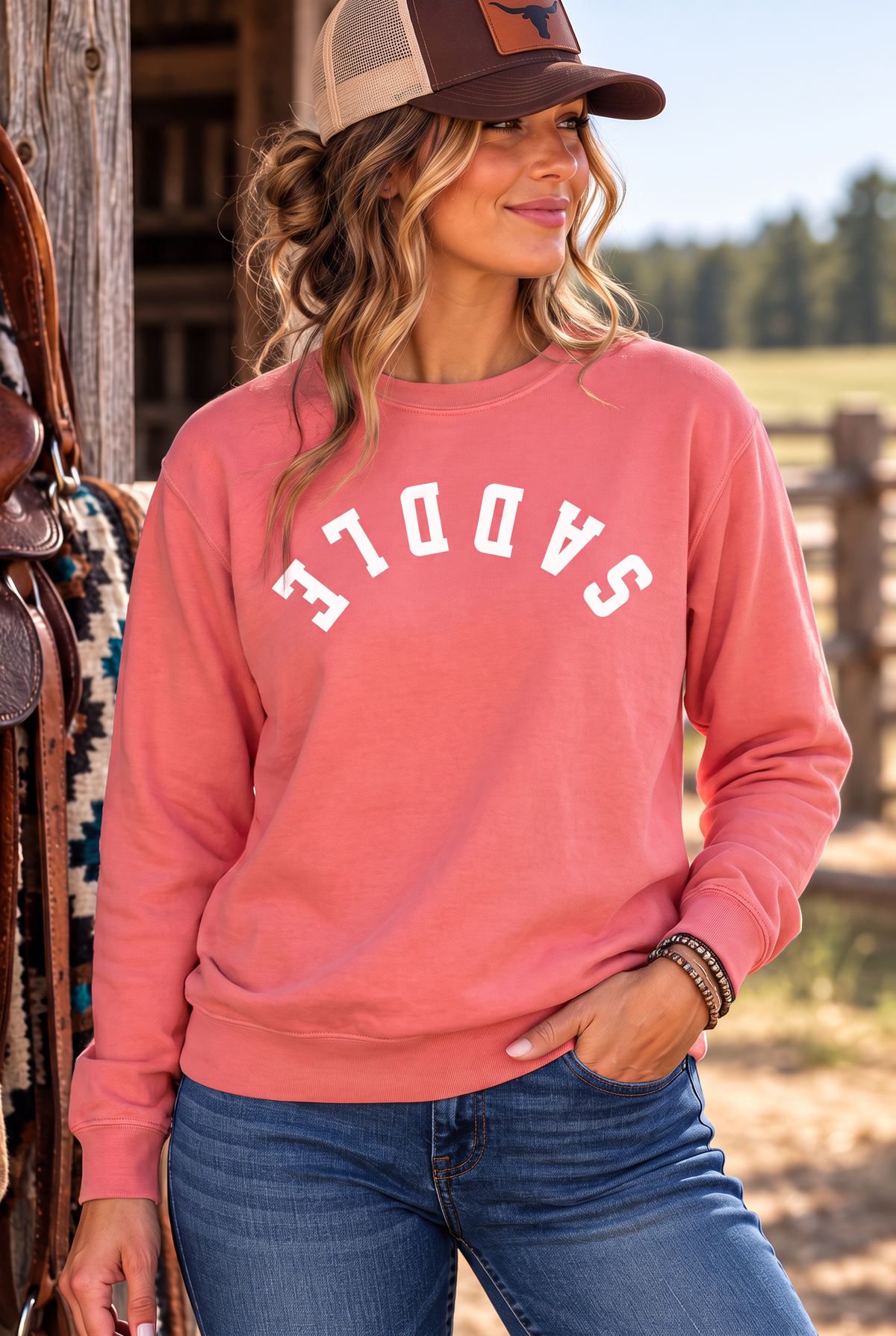 Saddle Crew in Watermelon — female model, front view