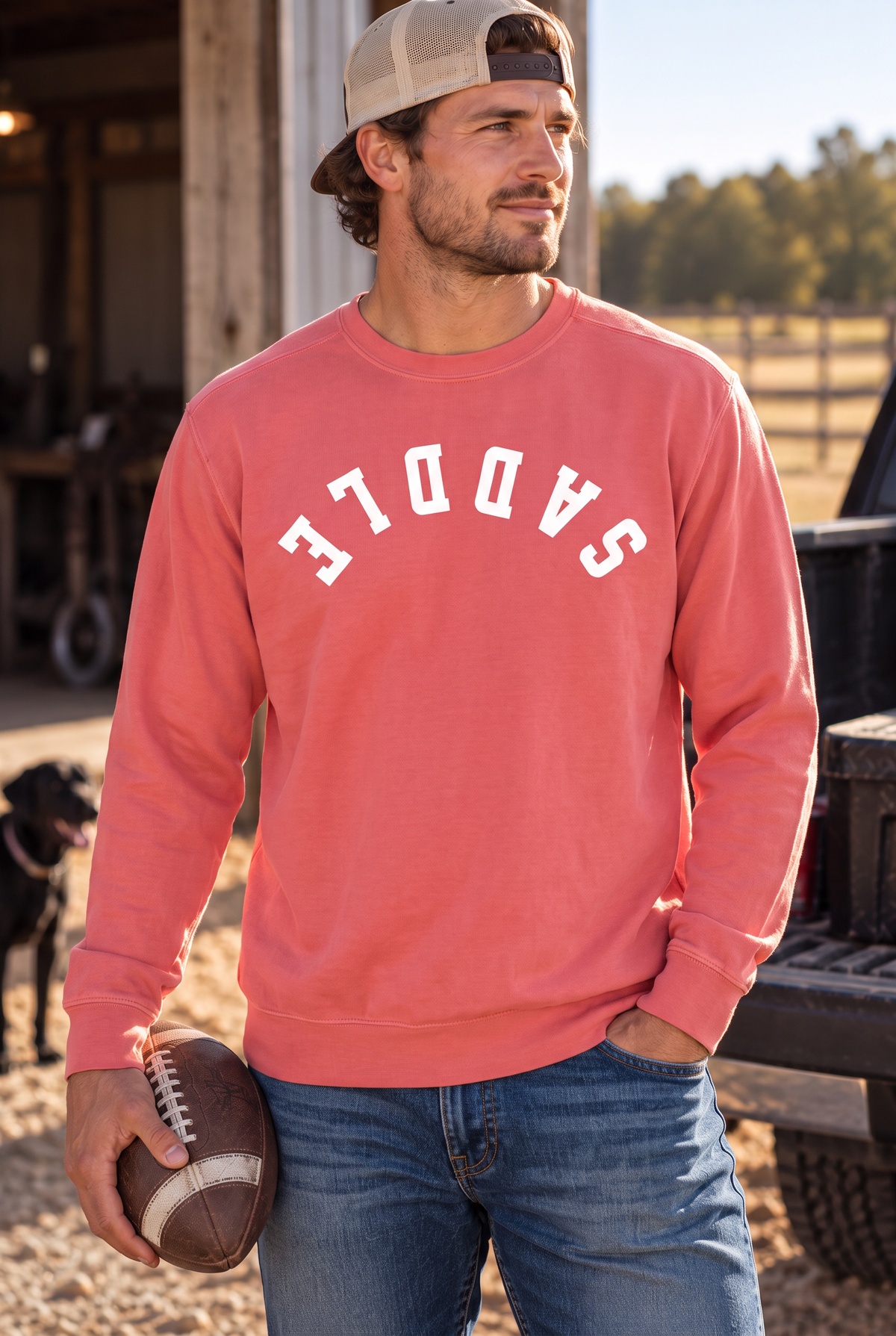 Saddle Crew in Watermelon — male model, front view