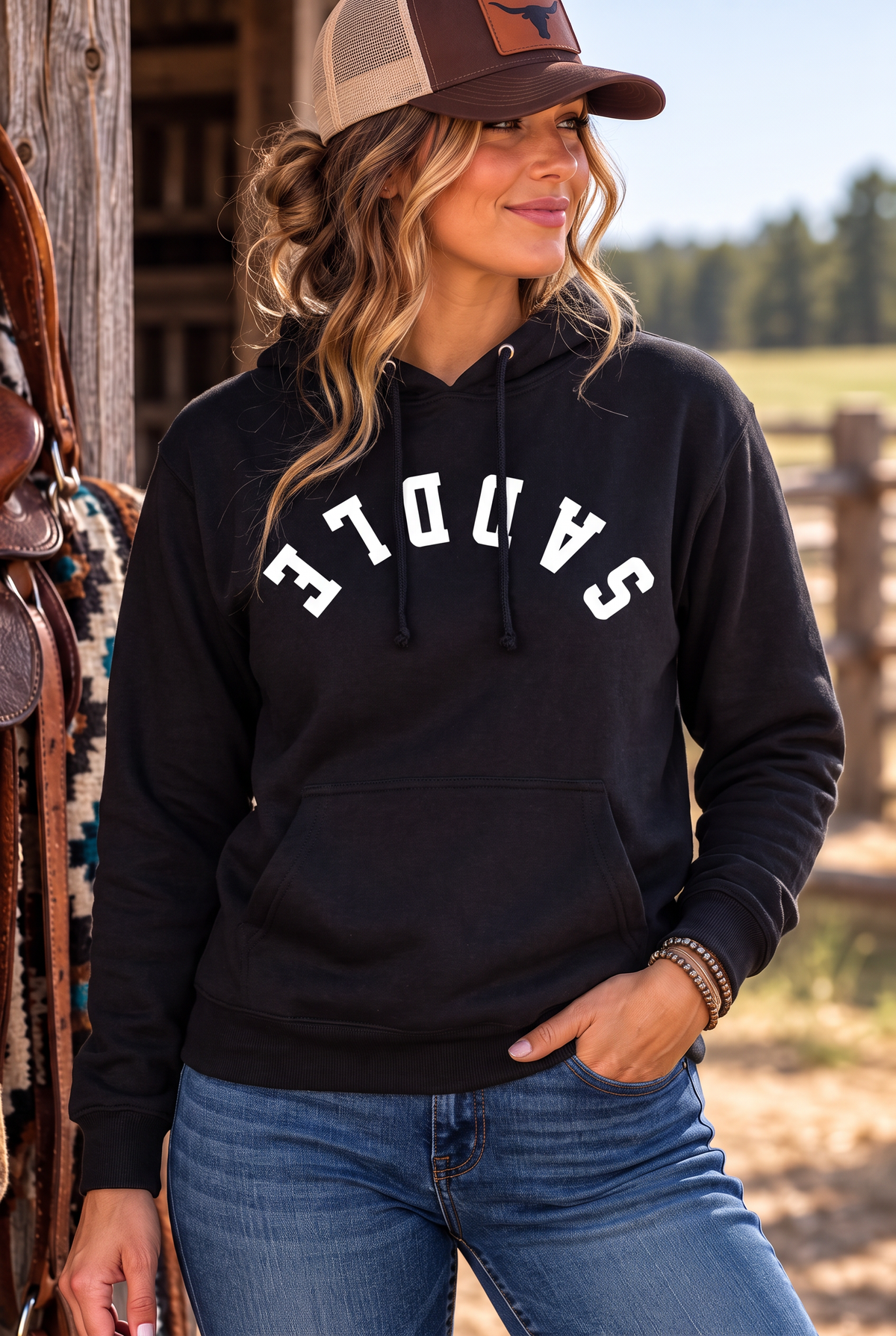 Saddle Hoodie in Black — female model, front view