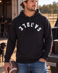 Saddle Hoodie in Black — male model, front view