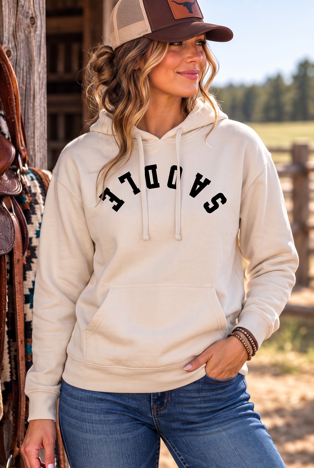 Saddle Hoodie in Bone — female model, front view