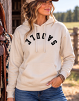 Saddle Hoodie in Bone — female model, front view