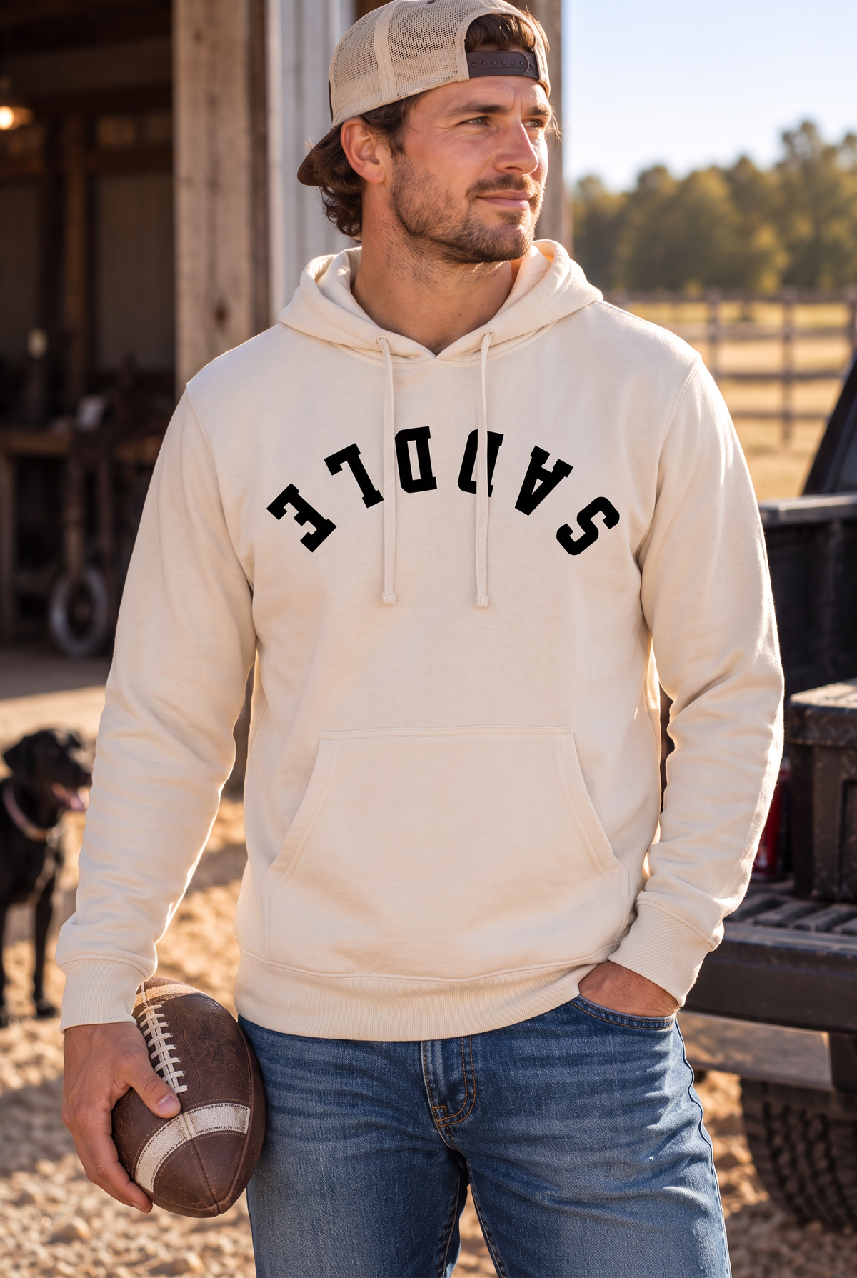 Saddle Hoodie in Bone — male model, front view