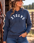 Saddle Hoodie in Classic Navy Heather — female model, front view
