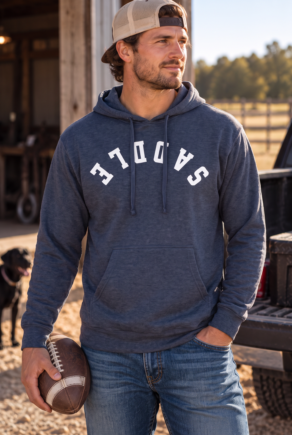 Saddle Hoodie in Classic Navy Heather — male model, front view