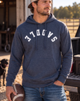 Saddle Hoodie in Classic Navy Heather — male model, front view