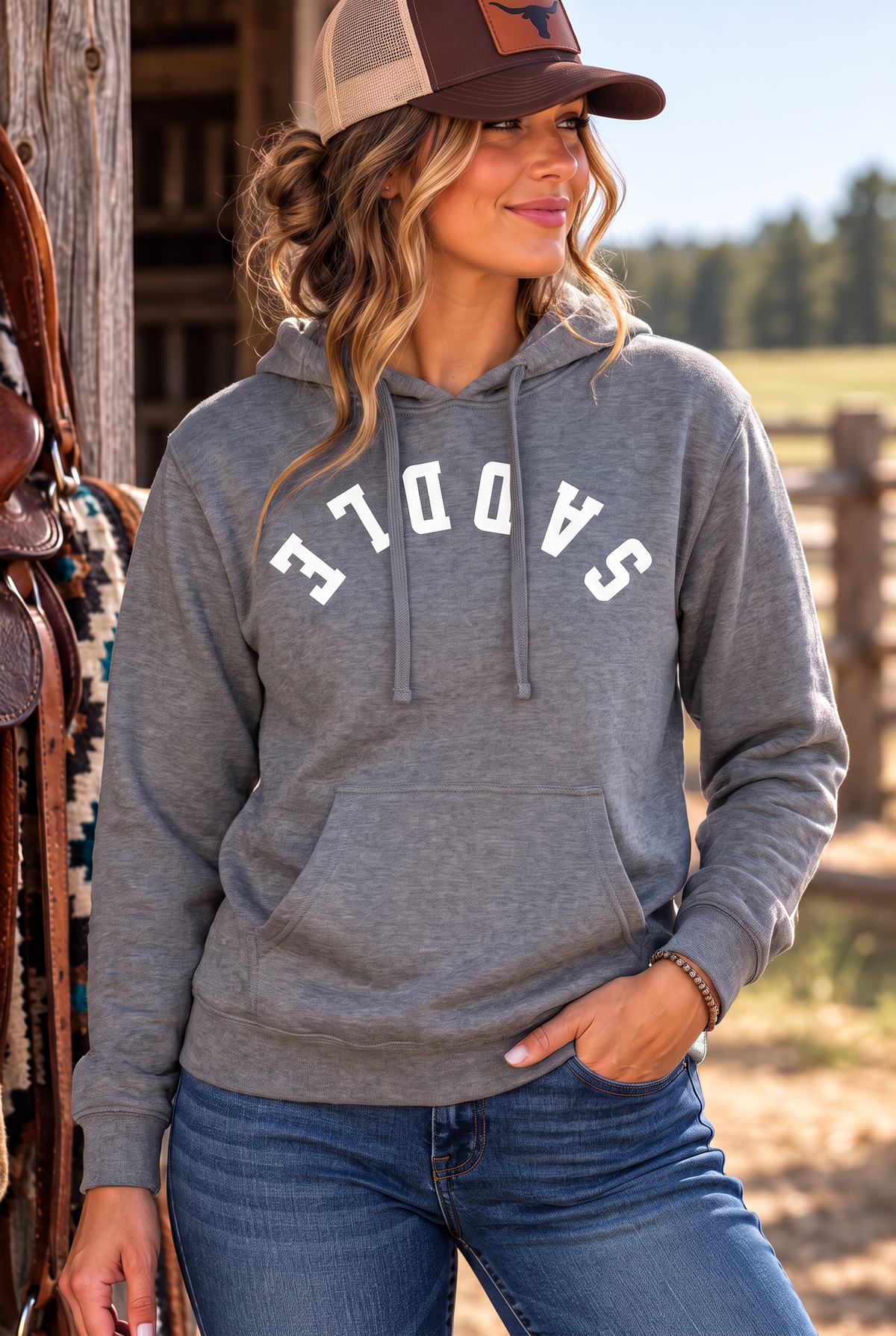 Saddle Hoodie in Gunmetal Heather — female model, front view