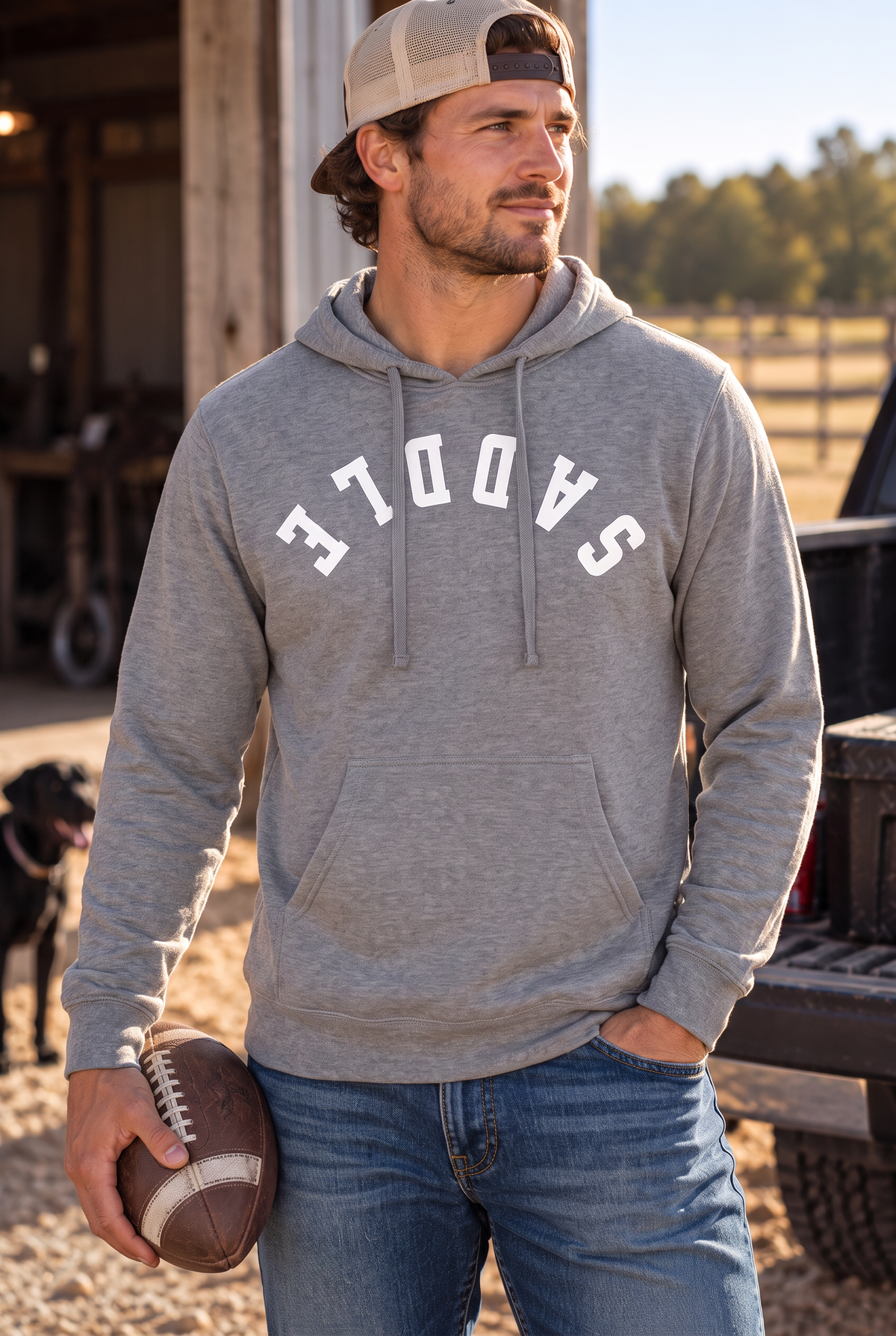 Saddle Hoodie in Gunmetal Heather — male model, front view