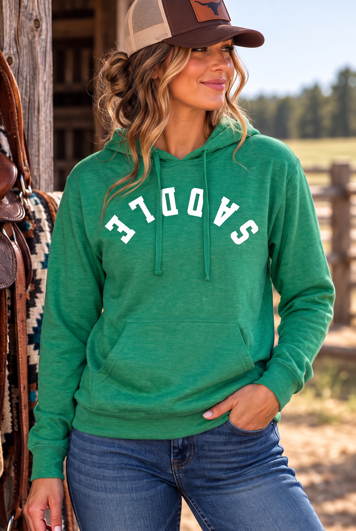 Saddle Hoodie in Kelly Green Heather — female model, front view