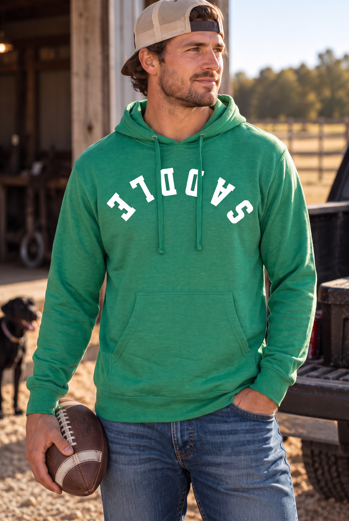 Saddle Hoodie in Kelly Green Heather — male model, front view