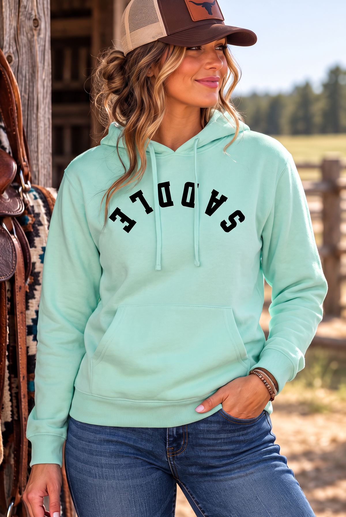 Saddle Hoodie in Mint — female model, front view