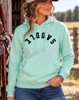 Saddle Hoodie in Mint — female model, front view