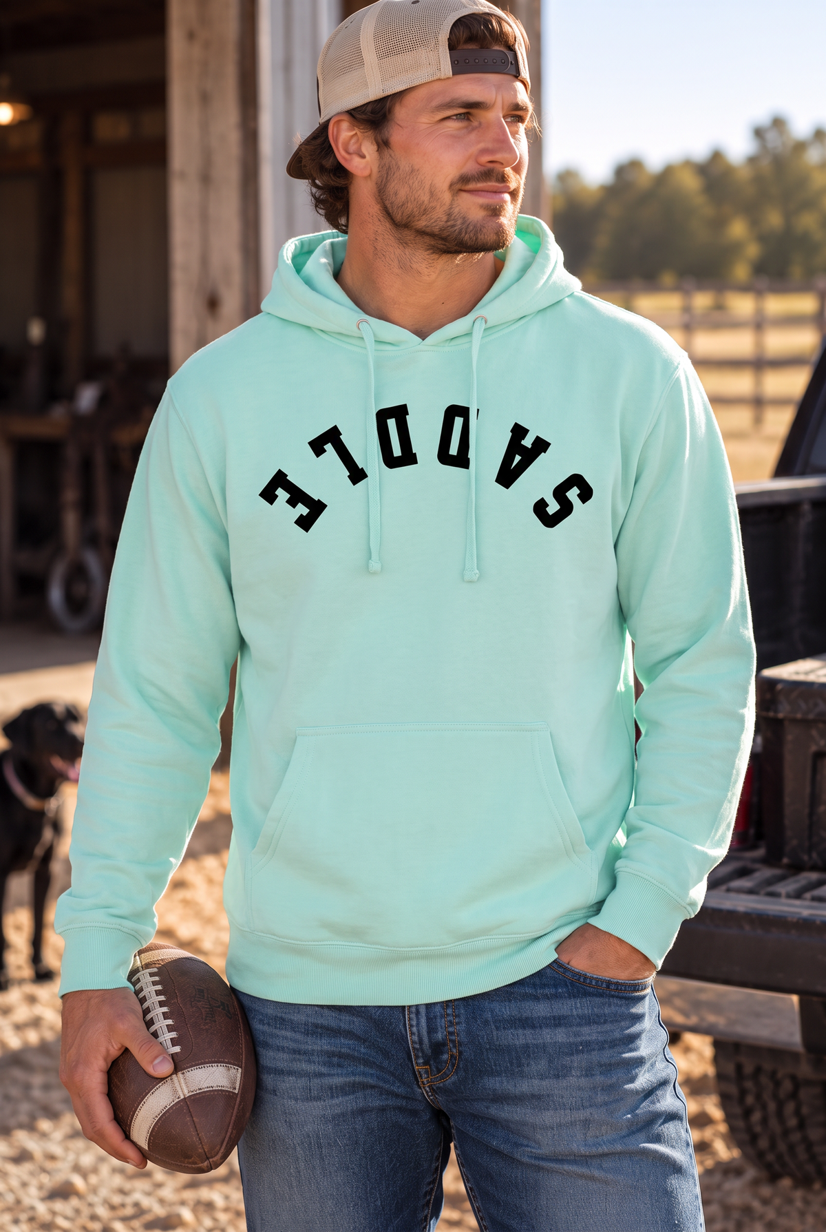 Saddle Hoodie in Mint — male model, front view