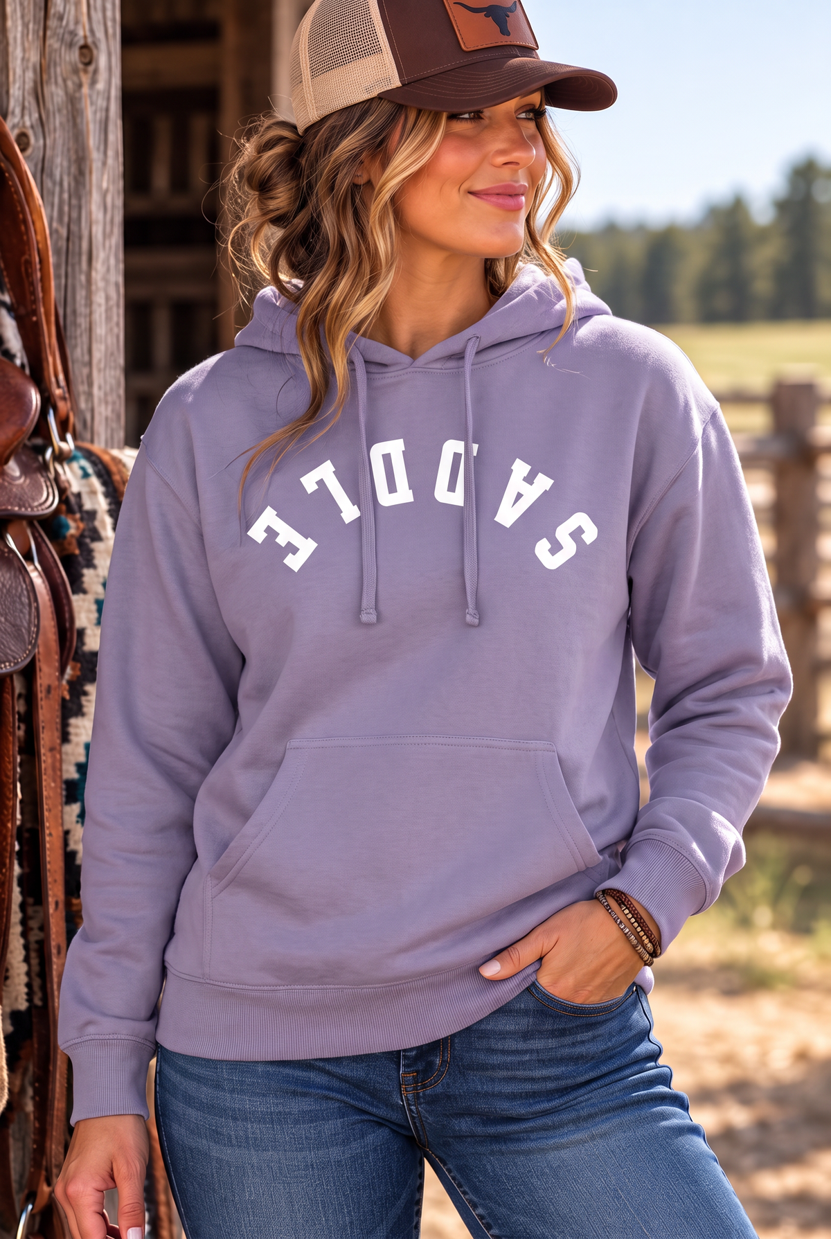 Saddle Hoodie in Plum — female model, front view