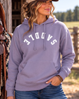 Saddle Hoodie in Plum — female model, front view