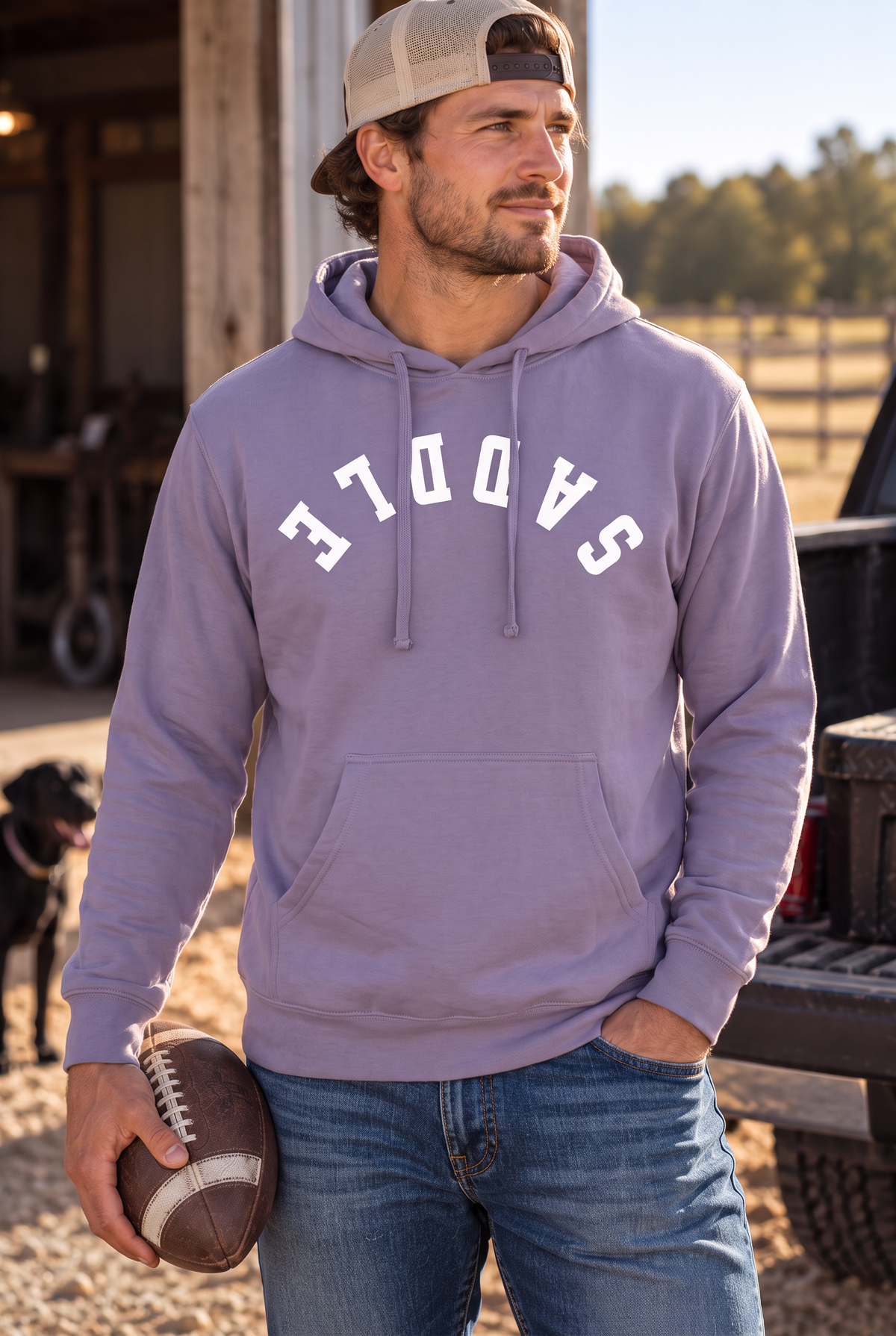 Saddle Hoodie in Plum — male model, front view