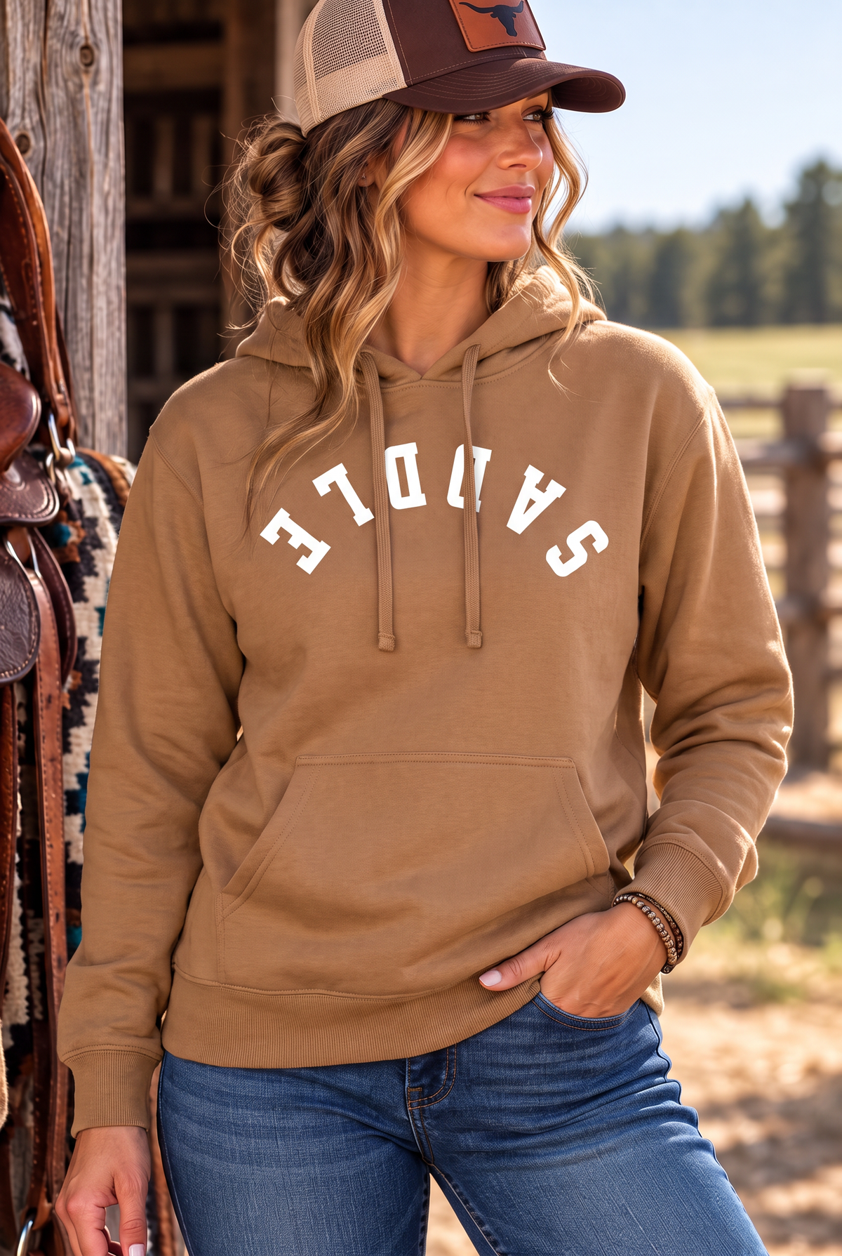 Saddle Hoodie in Saddle — female model, front view